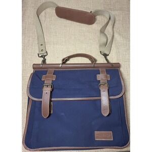 Tommy Hilfiger Navy Canvas Double Flap Over Messenger Bag Leather Business Case